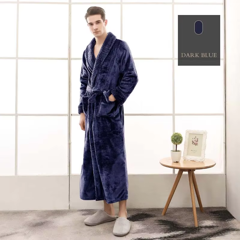Bademantel Flanell » langer Saunamantel mit Taschen und Kragen in Waffeloptik » weicher Morgenmantel » Langbademantel
