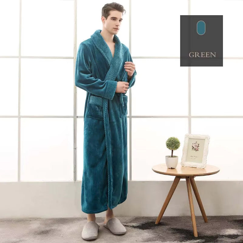 Bademantel Flanell » langer Saunamantel mit Taschen und Kragen in Waffeloptik » weicher Morgenmantel » Langbademantel