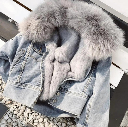 Alvöru refafeldur, þykkur, hlýr denim parkas, kvenkyns vetrarfrakki
