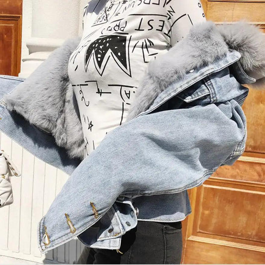 Alvöru refafeldur, þykkur, hlýr denim parkas, kvenkyns vetrarfrakki