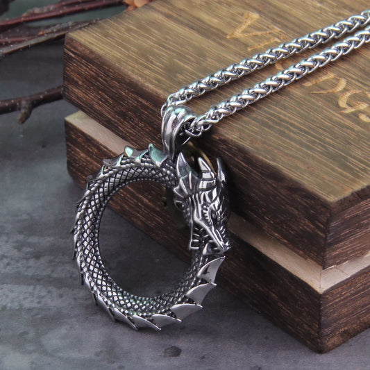 Víkingadrekinn Ouroboros hálsmen úr ryðfríu stáli Valknut hengiskraut