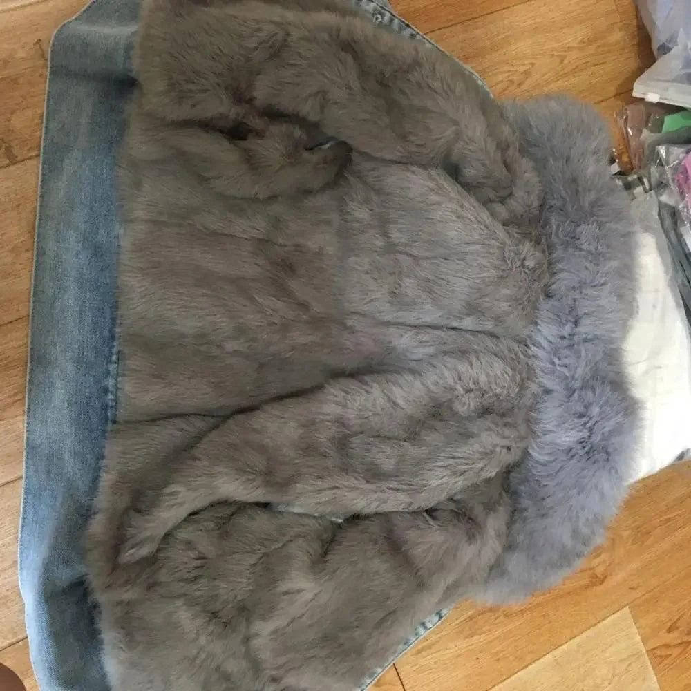Real Fox fur thick warm denim parkas female winter coat