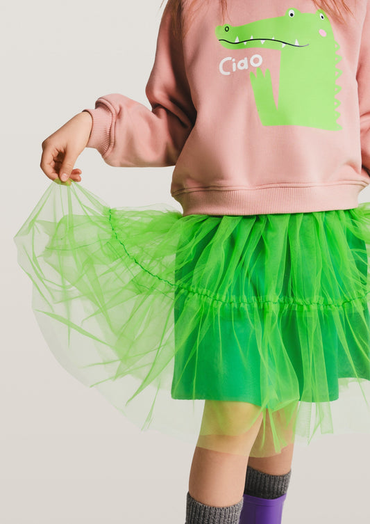 Kjóll úr bómull/tyll, krókódílgrænn