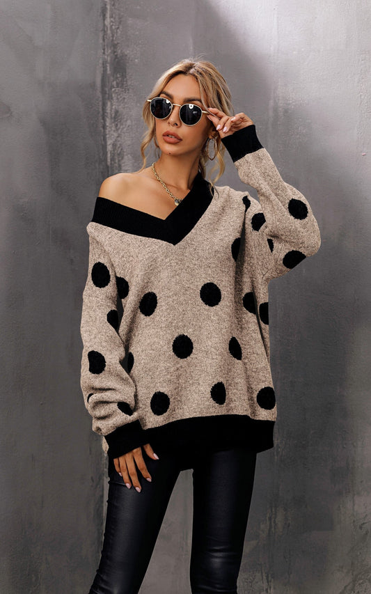 Wool Blended V Neck Jumper In Beige & Black Polka Dot Print