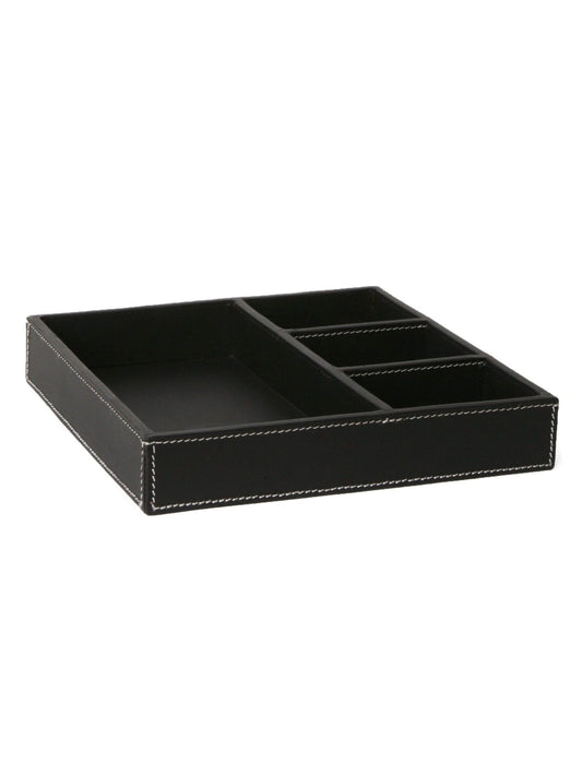 Storage tray with 4 compartments, leather, black