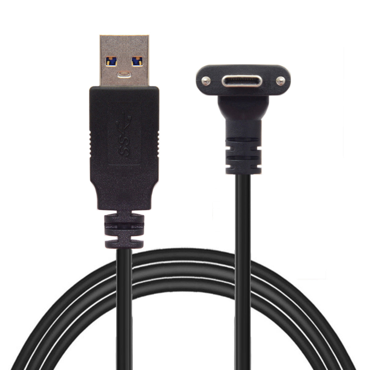 System-S USB 3.0 A karlkyns í USB Type C 3.1 karlkyns snúra með 90 gráðu horni og lásskrúfu.