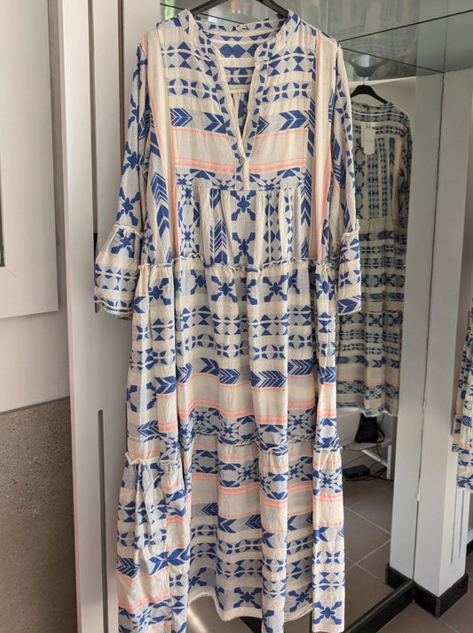 Kleid BOHO Maxi in Créme mit Muster in Blau und Rosa Baumwolle 3/4 Arm, One Size 04418