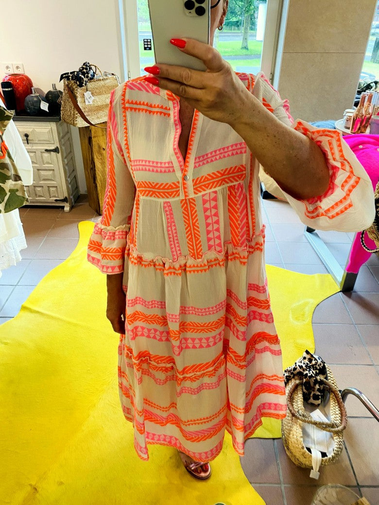 Kleid BOHO Maxi mit Muster in Créme und Rosa Pink Neon Orange Baumwolle 3/4 Arm, One Size 04418