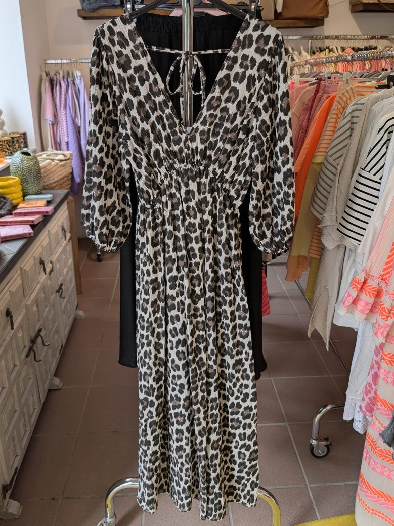 Kleid Maxi Mousselin Leo Muster in Beige Braun Schwarz 3/4 Arm, One Size 02987