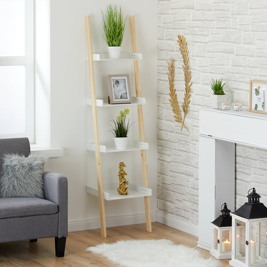 Leiterregal Bücherregal Holzregal 4 Ablagen weiß braun Aufbewahrungsregal