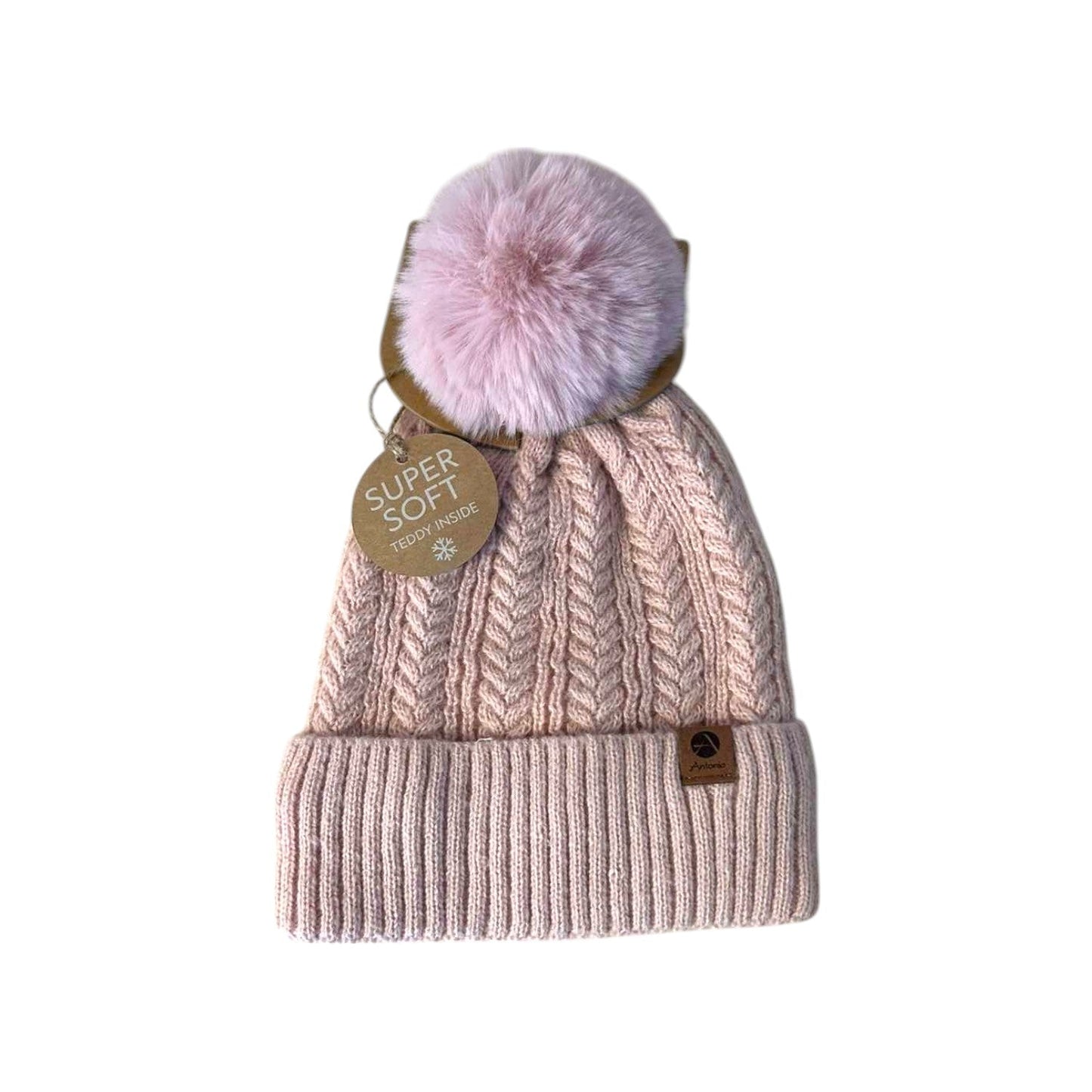 Winter Damen Mütze » Bommelmütze Nora Mit Teddy » Strickmütze mit Flechtoptik » Wintermütze mit Bommel