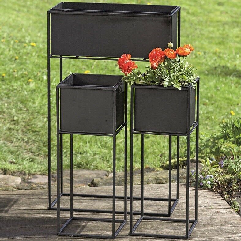Pflanzkasten schwarz Metall Eisen 3er Set Blumenkasten Kräuterkasten Hochbeet