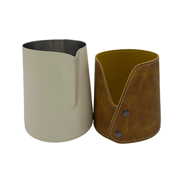 BaristaDelight Henkelless Milk Pitcher with Leather Sleeve