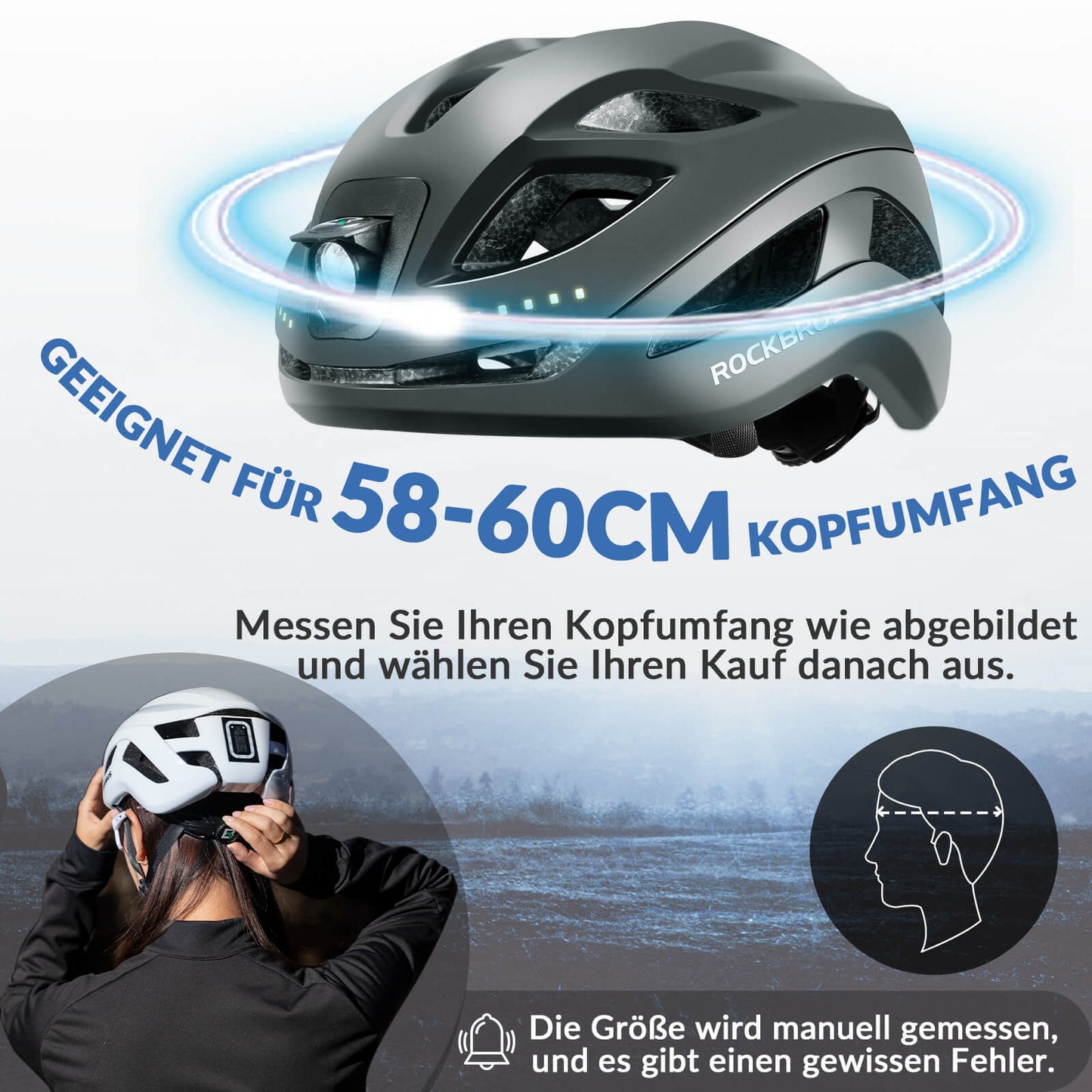ROCKBROS Fahrradhelm mit Licht, mit USB 1800 mAh Atmungsaktiv 58-60 cm