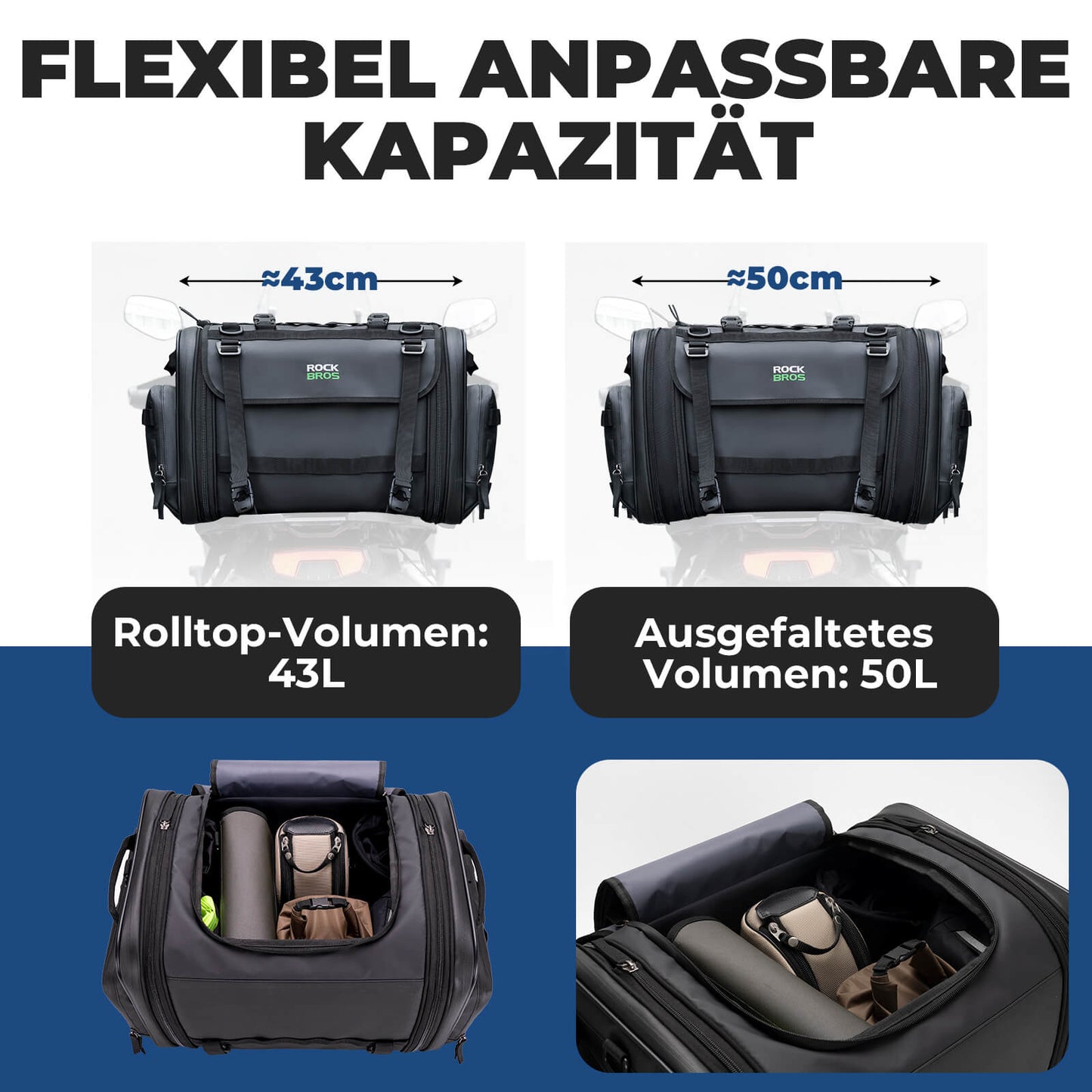 ROCKBROS mótorhjólataska með regnhlíf, farangurstaska, ferðataska, samanbrjótanleg, 43-50L