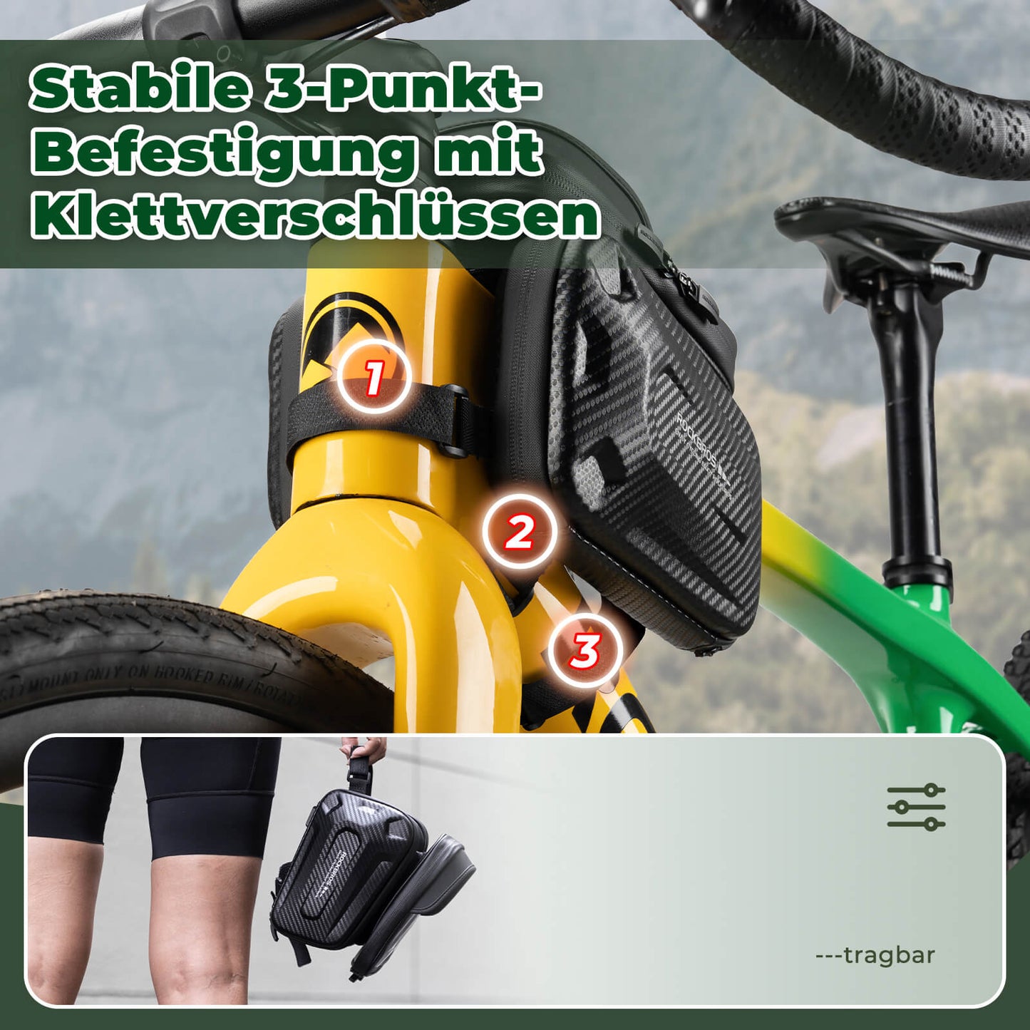 Taska fyrir snjallsíma efst á rörinu með sólarvörn og hliðarvösum