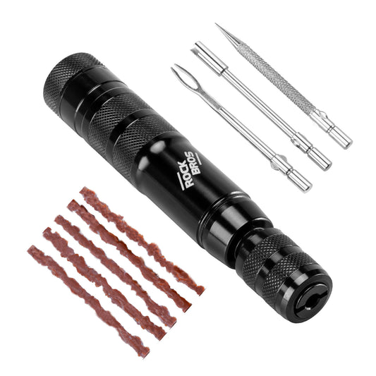 Tubeless tire repair kit with rubber plugs, aluminum housing, handle