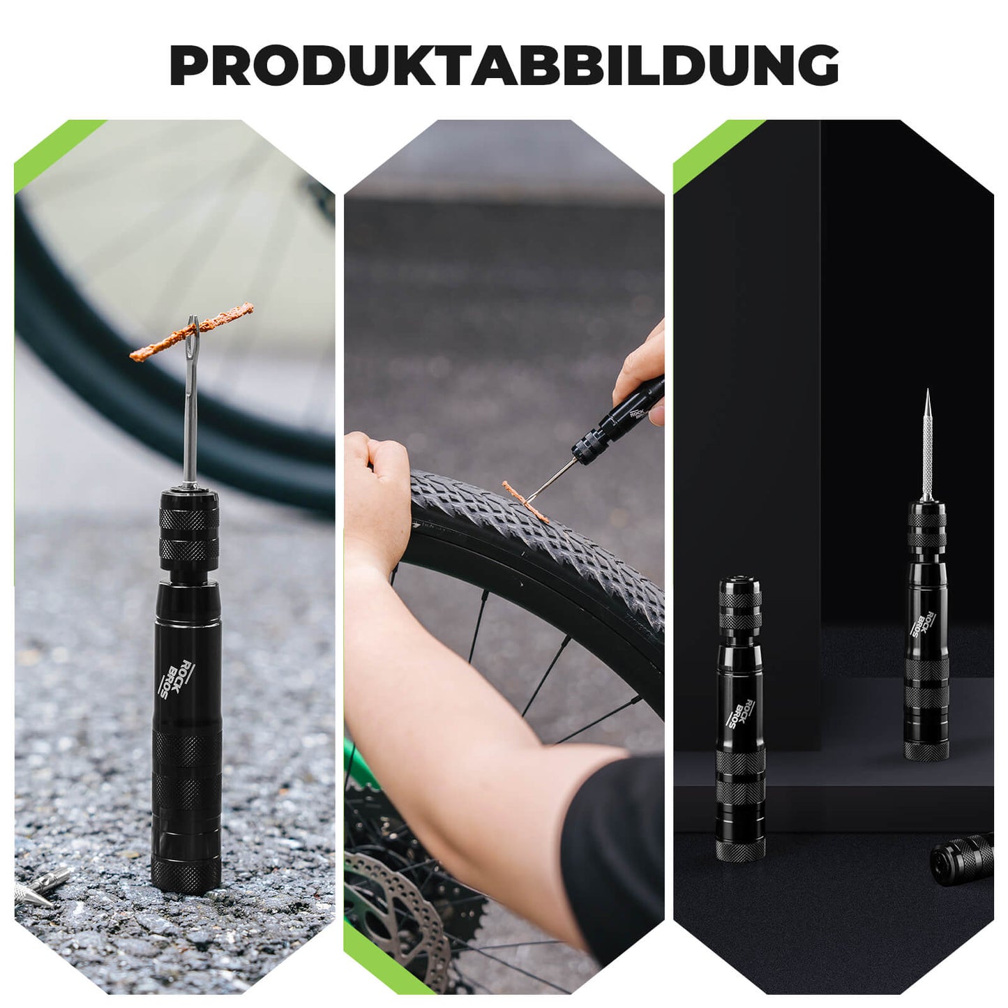 Tubeless tire repair kit with rubber plugs, aluminum housing, handle