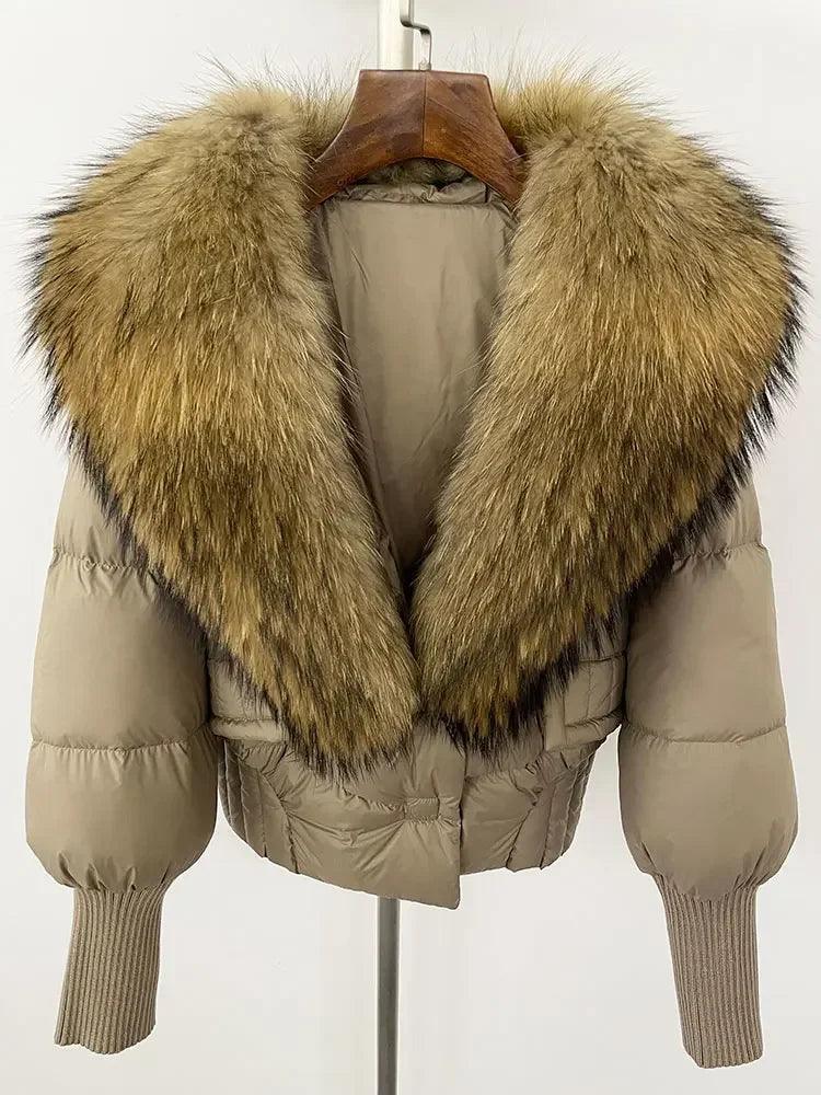 Winter girls jacket with real raccoon fox fur loose fit coat