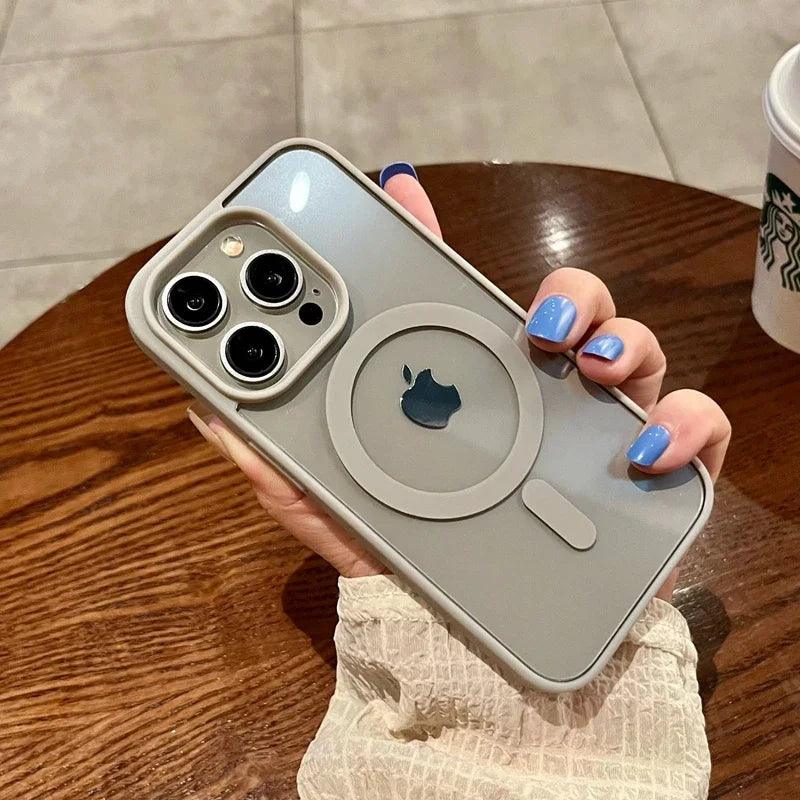 Luxury safe transparent case for iphone,Wireless charge magnetic bumper cover