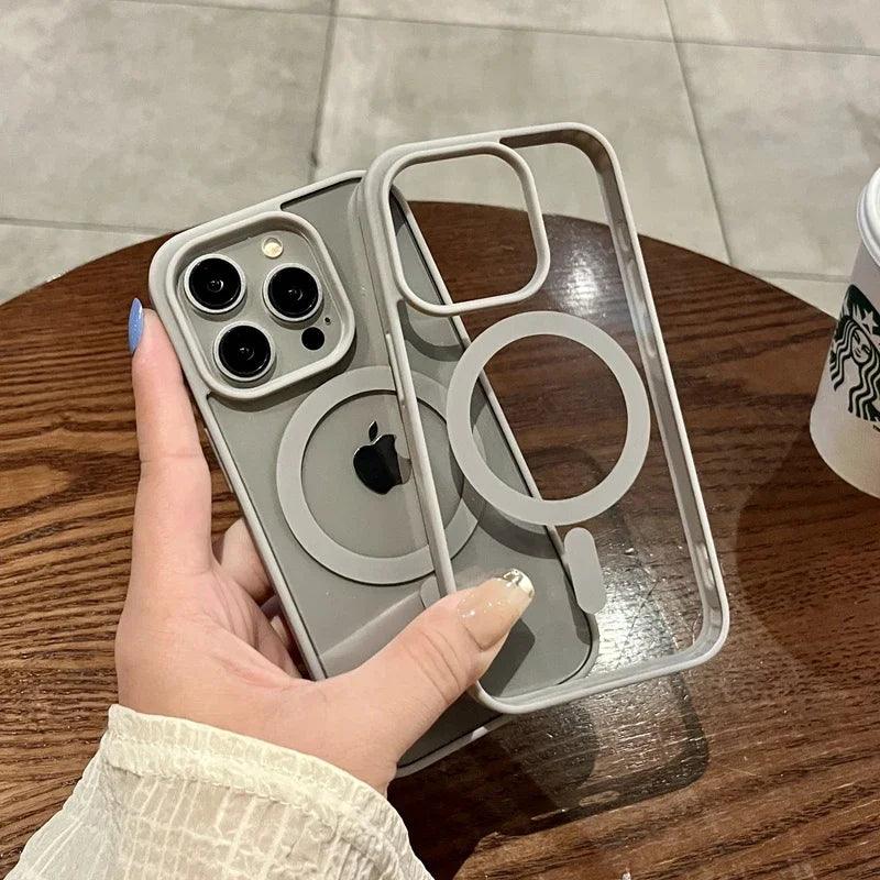 Luxury safe transparent case for iphone,Wireless charge magnetic bumper cover