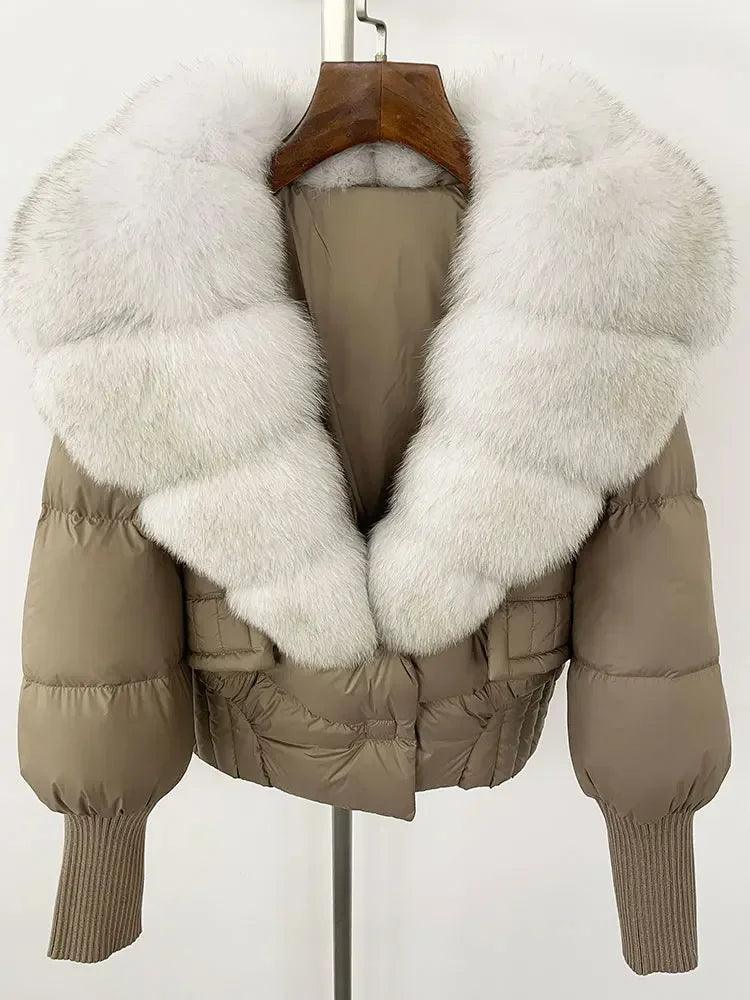 Winter girls jacket with real raccoon fox fur loose fit coat