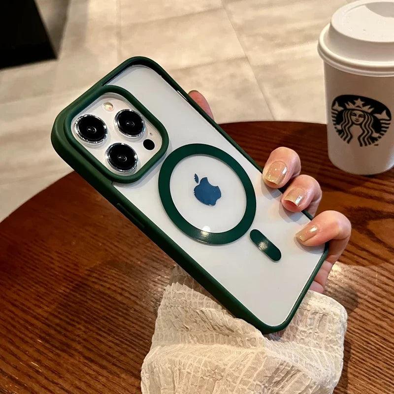 Luxury safe transparent case for iphone,Wireless charge magnetic bumper cover