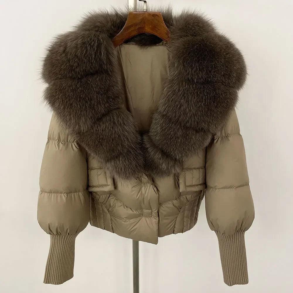 Winter girls jacket with real raccoon fox fur loose fit coat