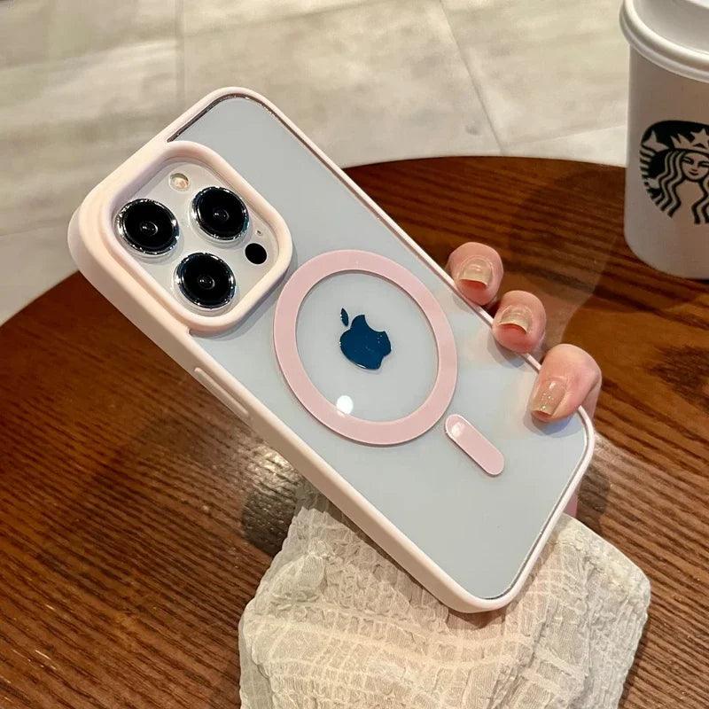 Luxury safe transparent case for iphone,Wireless charge magnetic bumper cover
