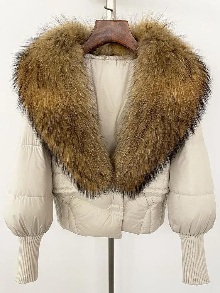 Winter girls jacket with real raccoon fox fur loose fit coat