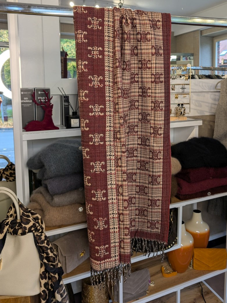 Reversible scarf Celine style Burgundy Blackberry Beige Brown with fringe 80% Viscose 20% Wool