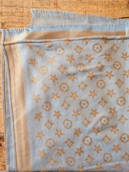 Reversible scarf, Louis Vuitton style, gold and turquoise with fringe, 100% viscose, STN241-63