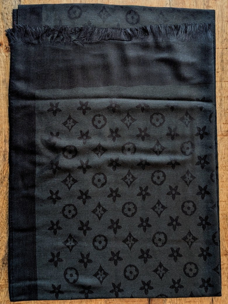 Reversible scarf, Louis Vuitton style, black with fringe, 100% viscose, STN241-11