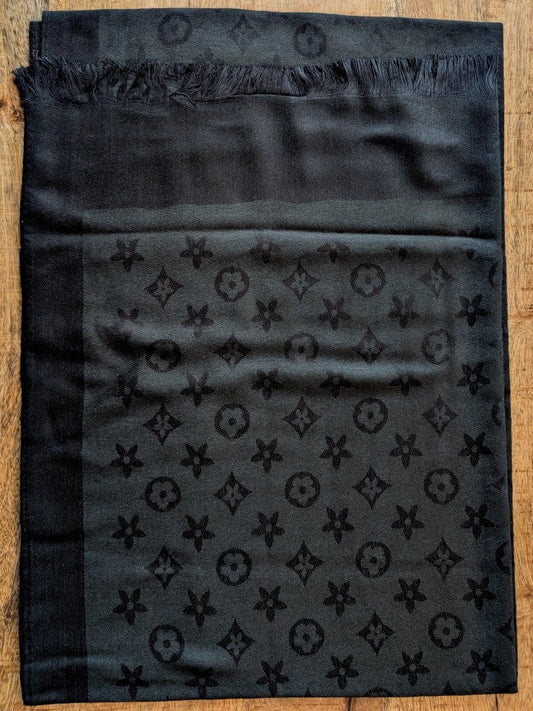 Reversible scarf, Louis Vuitton style, black with fringe, 100% viscose, STN241-11