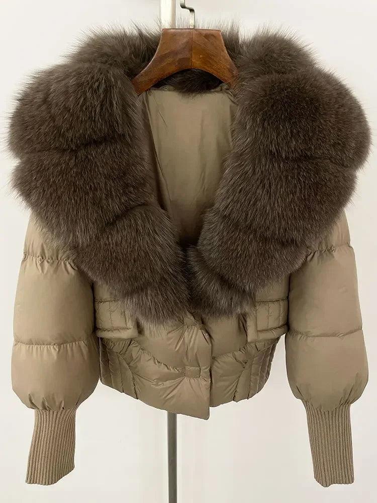 Winter girls jacket with real raccoon fox fur loose fit coat