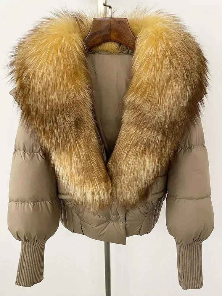 Winter girls jacket with real raccoon fox fur loose fit coat