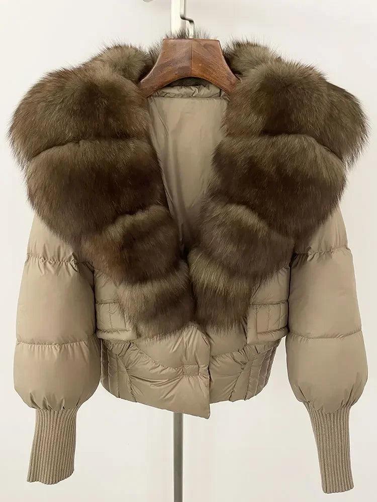 Winter girls jacket with real raccoon fox fur loose fit coat