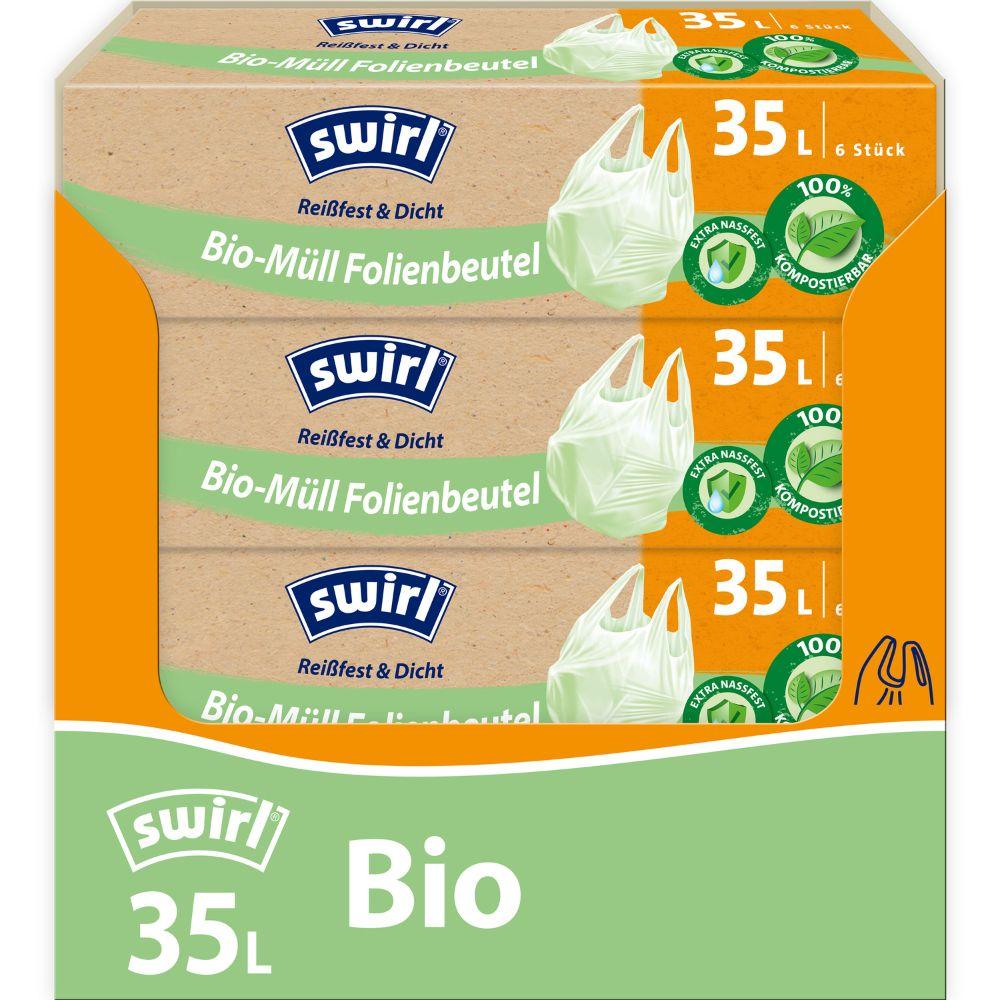Swirl Bio-Müll Folienbeutel mit Tragegriff 35 l Reißfest & Dicht quer | Rolle (6 Beutel)