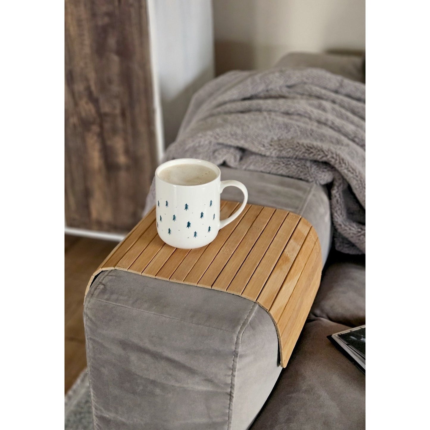 Sofatablett flexibel Bambustablett Bambus Natur anthrazit Armlehnen Schoner