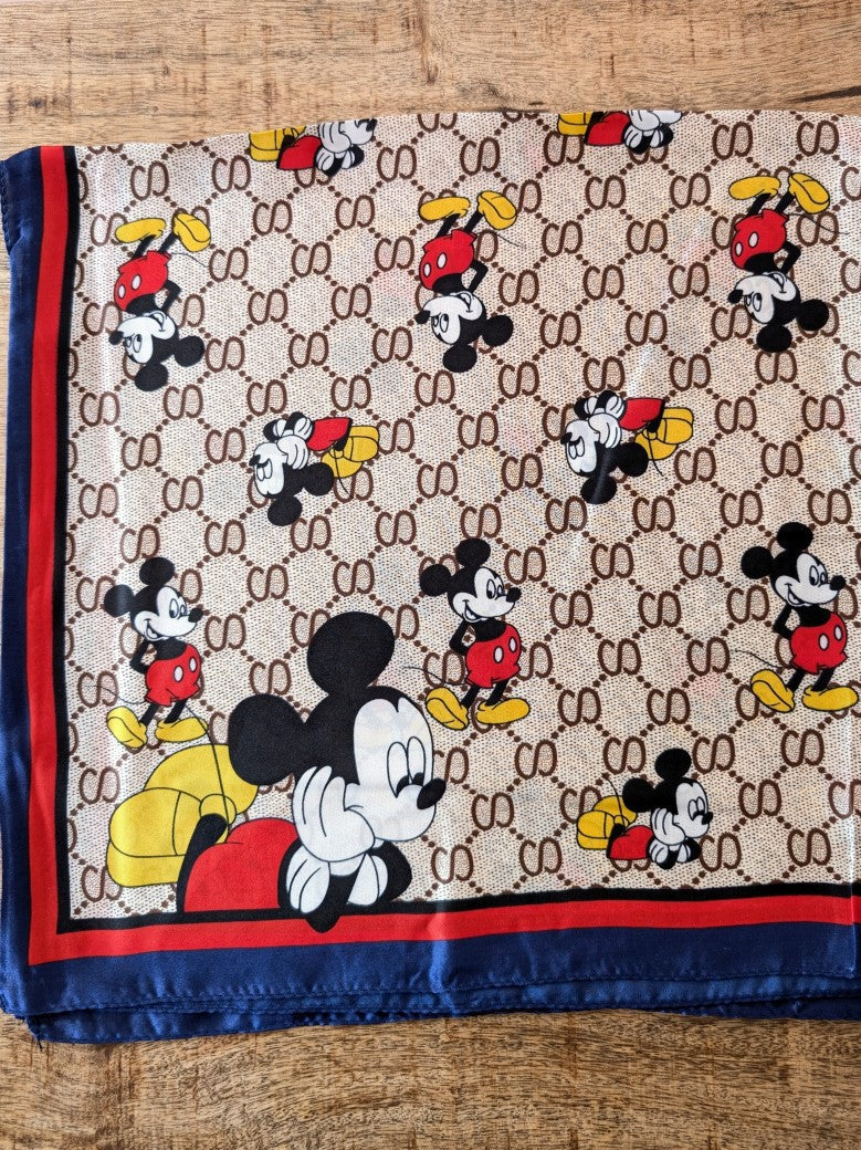 Gucci Mickey Mouse Style Scarf, Beige/Brown Viscose/Silk, Red/Blue Border, Square, JD224-117