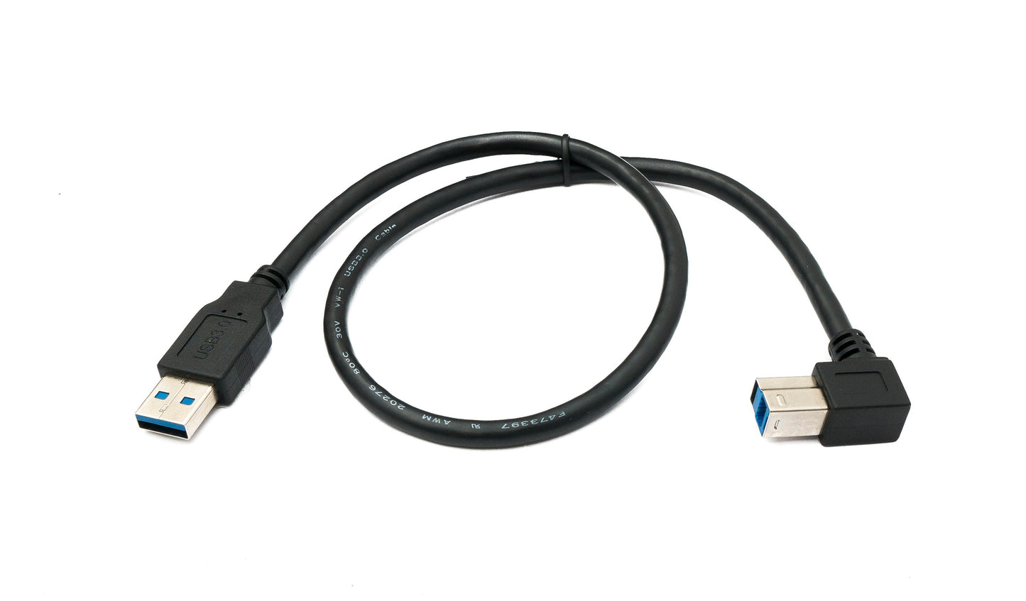 SYSTEM-S USB 3.0 snúra 50 cm karlkyns B í karlkyns A tengi, hallað niður á við, 5 Gbit/s 100W, svart