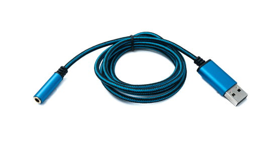 SYSTEM-S Hljóðsnúra með USB-tengi, 100 cm, fléttuð blá, 3,5 mm tengil í 2.0 A-tengi.