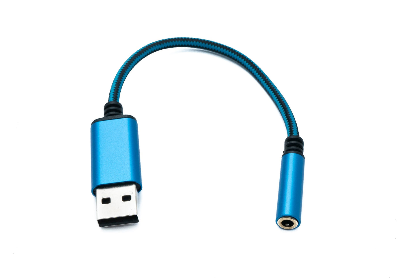 SYSTEM-S Hljóðsnúra með USB-tengi, 20 cm, fléttuð blá, með 3,5 mm tengi í 2.0 A-tengi.