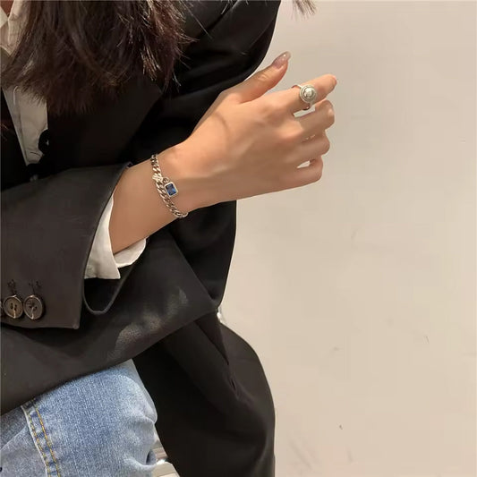 Bracelet made of 925 sterling silver, link bracelet with blue stone, 16 + 5 cm