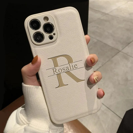 Hulstur fyrir iPhone með nafni og bókstöfum, lúxus leðurhulstri