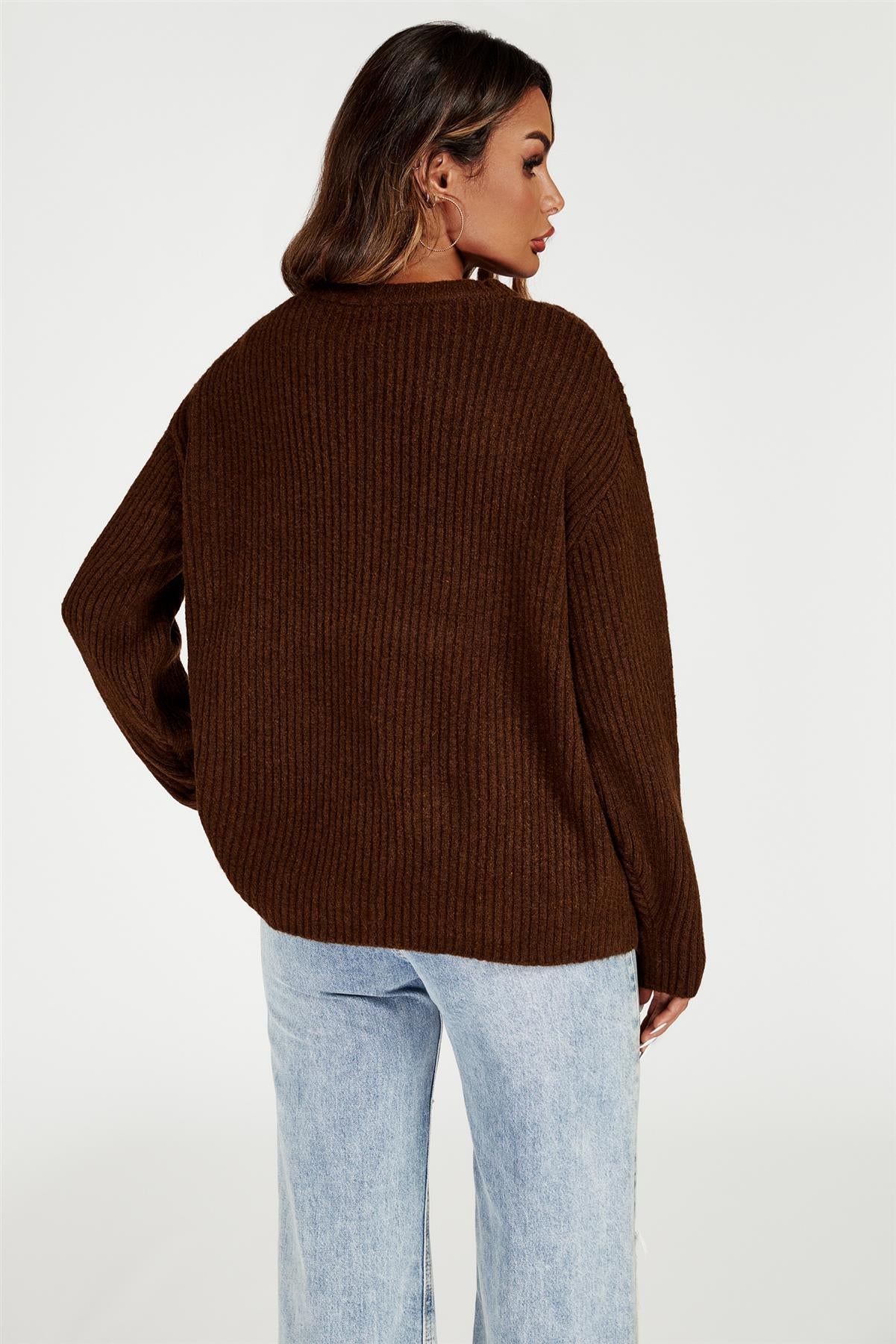 V Neck Jumper Top In Brown