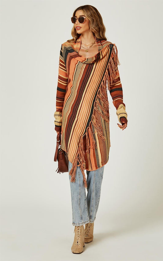 Fringes Detail Cardigan In Rusty Red & Orange & Black