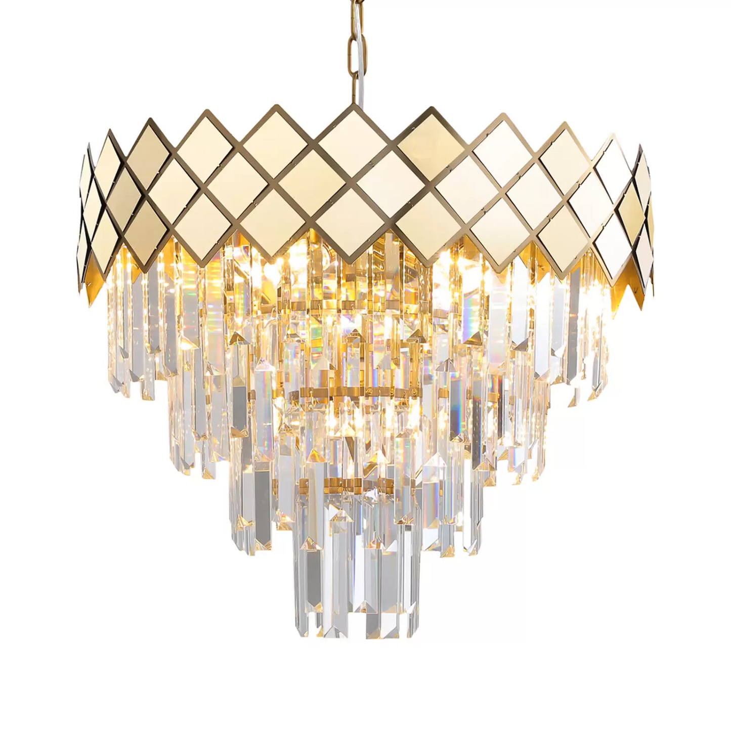 B-flokks hengilampi Carisma, málmur, gulllitaður, glerkristallar, ø 50 cm, loftlampi