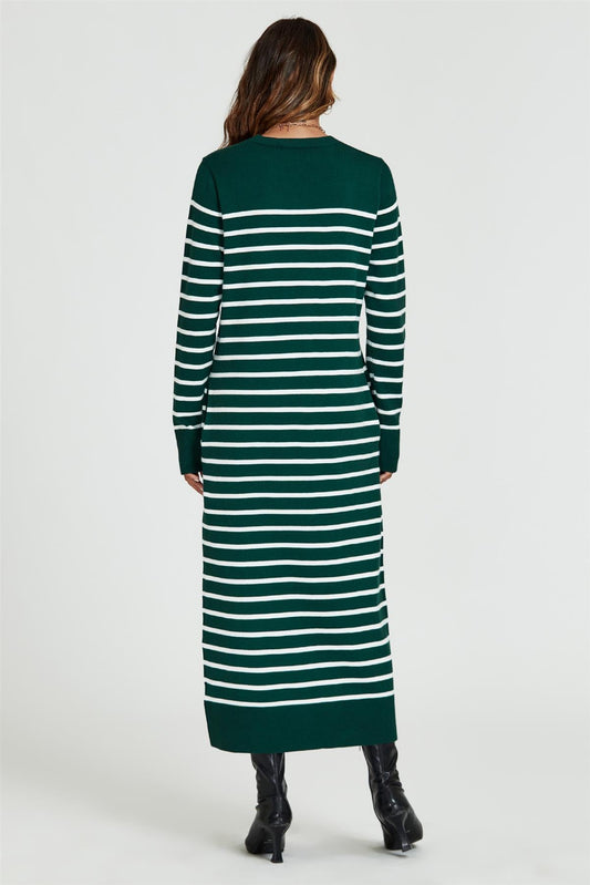 Stripe Pattern Knitted Tunic Jumper Dress In Dark Green