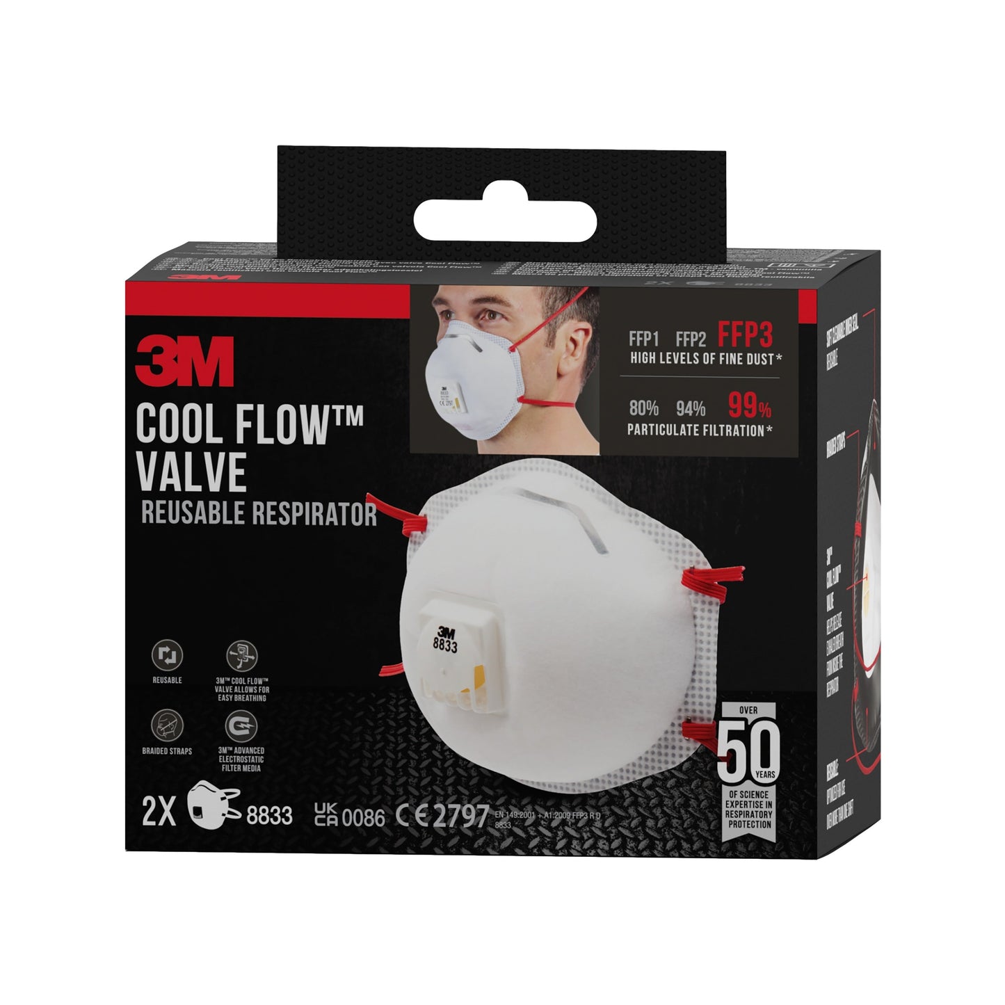 3M™ Cool Flow™ Partikelmaske 8833, FFP3, mit Ventil, 2er-Packung | Packung (1 Stück)